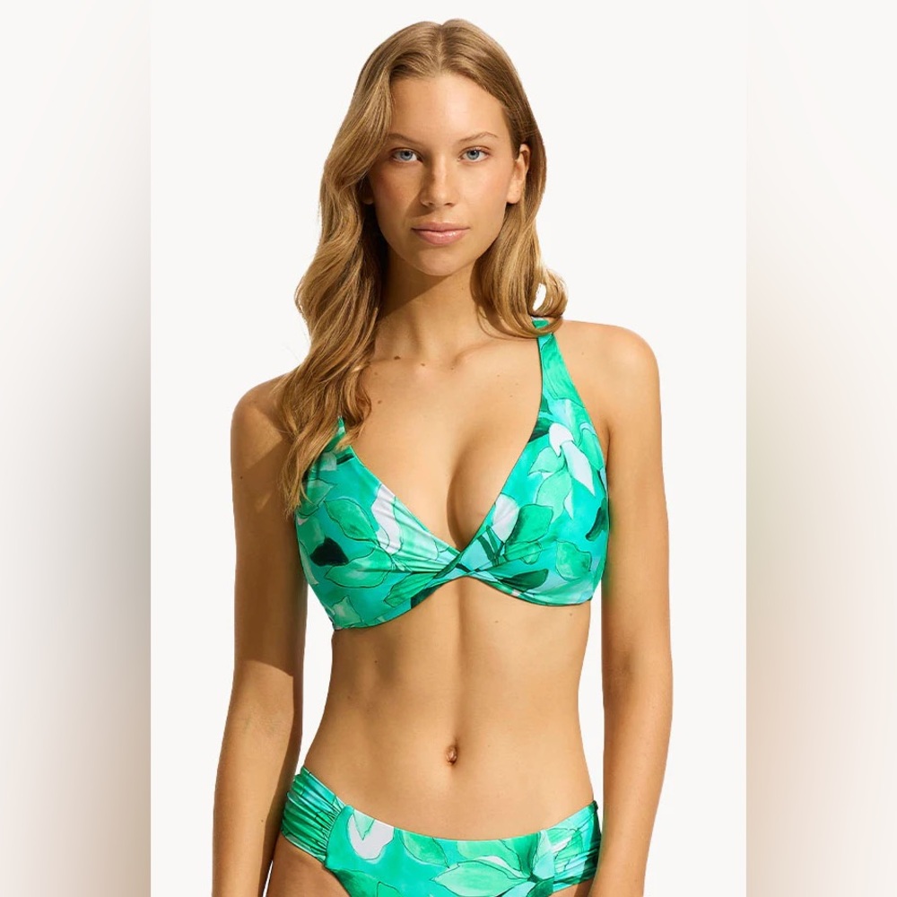 Seafolly Secret Garden F Cup Wrap Front Bikini Top Green Floral NWT
